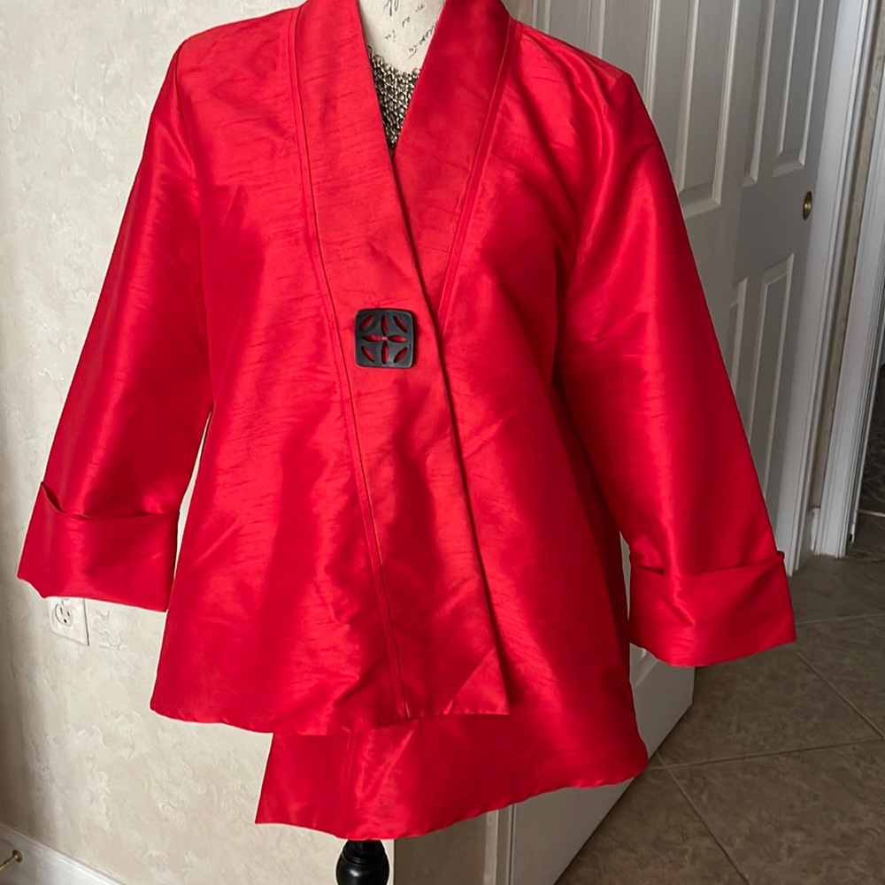 Asymmetrical jacket IC by Connie K RED  NWOT BLACK BUTTON large IN MIDDLE